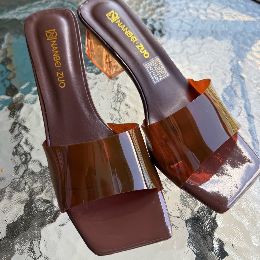 Square toed Brown Women's Slide Heels - Picture 7 of 7
